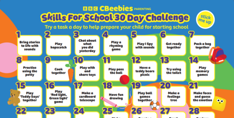 A 'Skills for school 30 day challenge' poster with CBeebies branding.