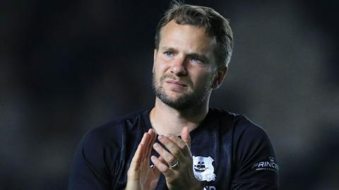 Tom Cleverley celebrates his first win as Plymouth Argyle boss on Tuesday after bating QPR 3-2 in the Carabao Cup