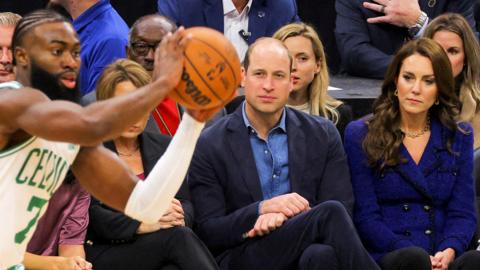 The Prince and Princess of Wales attend the Wednesday night National Basketball Association game between the seventeen-time World Champion Boston Celtics and the Miami Heat at TD Garden in downtown Boston, USA, on 30 November 2022