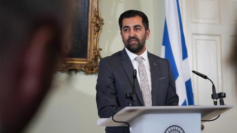 Humza Yousaf looks on as he speaks during a press conference at Bute House on 29 April