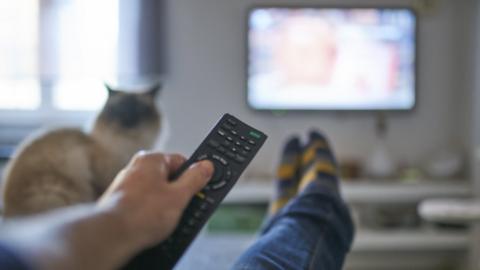 Library image of someone watching a TV with the remote control in their hand