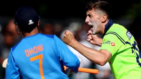 Ireland's Peter Chase celebrates taking the wicket of MS Dhoni in the T20 series in 2018