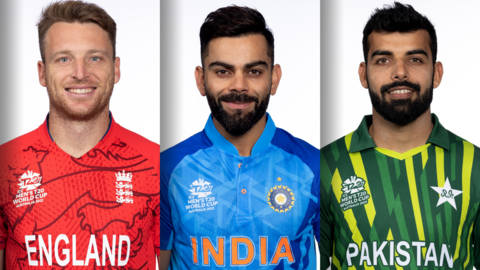 Left to right: Jos Buttler (left), Virat Kohli (centre), Shadab Khan (right)