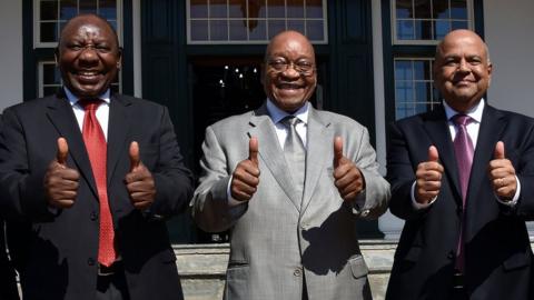 Cyria Ramaphosa, Jacob Zuma and Pravin Gordhan with their thumbs up