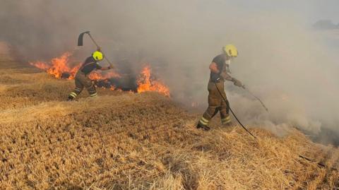 Two firefighters, in a field, tackling a fire, they are standing on crops. There are flames in the field and lots of smoke. One is holding up a beater, the other has a hose in his hand.