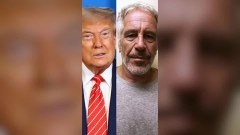 Splitscreen of Donald Trump and Jeffrey Epstein