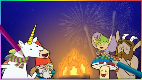 Super Happy Magic Forest characters are standing around a bonfire