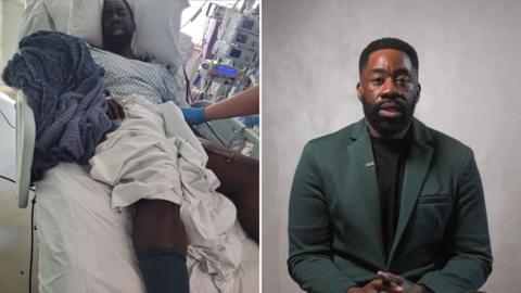 Split image of Matthew Allick in a hospital bed (left) and sitting in a green suit interviewed on It Happened To Me (right)