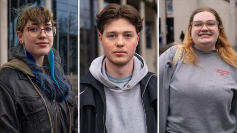 Composite image of three students. Left - A young woman with brown hair and glasses. Centre - A young man with dark hair and a hoody. Right - A young woman with blonde hair and glasses.