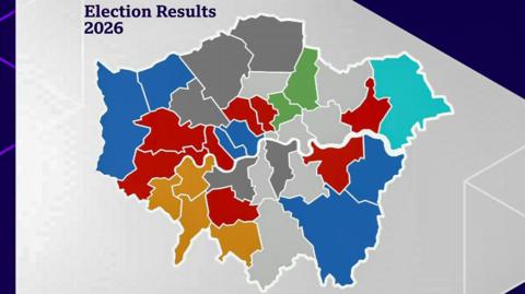 A map of London with boroughs represented in red, blue, turquoise, blue and grey