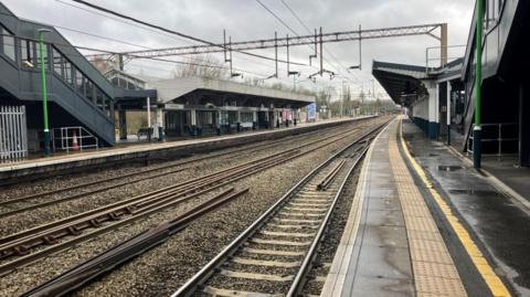 An empty Northampton railway station, with no trains or passengers