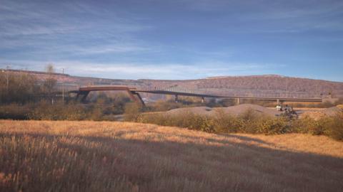 A computer-generated impression of the footbridge stretching over the dual carriageway with fields in the foreground.  