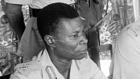 A black and white photo of Emmanuel Kwasi Kotoka in uniform in 1966