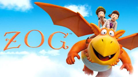 Zog with Doctor Princess Pearl and Sir Gadabout the Great riding on his back.