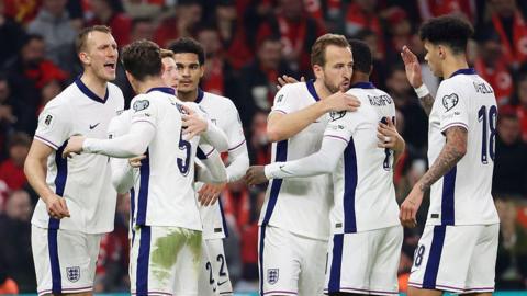 Harry Kane and team-mates celebrate scoring their second goal against Albania in their final World Cup qualifier in November 2025.