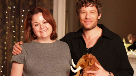 Dr Rose Stewart and James Norton holding a toy mammoth