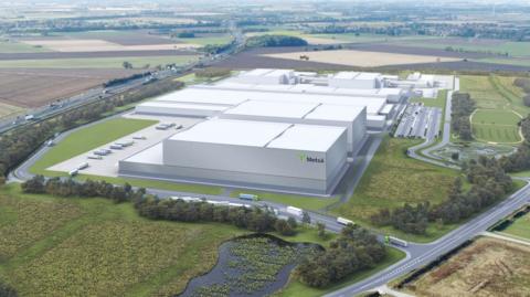 Mock up of the proposed Metsä tissue factory. It is a huge modern flat-roofed building, with the company's logo on the front. There are several vehicles depicted on the road leading to the premises and more parked up on the far side on the image.