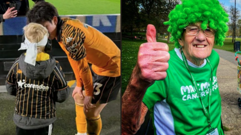Two images: on the left a footballer in an orange kit talks to a small boy. On the right an older man wearing a green shirt puts his thumb up to the camera