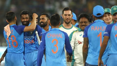 India celebrate after winning the T20 series