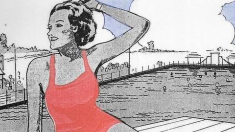 A promotional poster for Severn Beach with a pop art style woman in a red costume