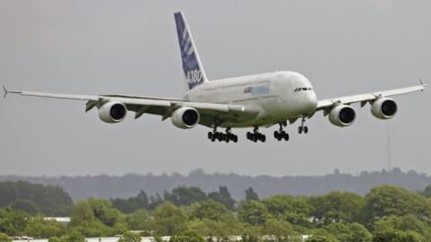 An Airbus A380 coming in to land at Heathrow Airport
