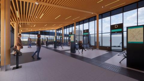Artist impression of interior of proposed station showing a wooden beamed ceiling and people sat on chairs