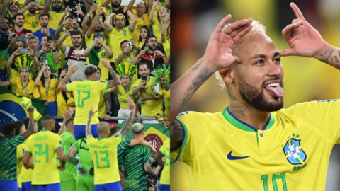 Brazil fans celebrating and Neymar posing