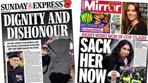 "Dignity and dishonour", reads the front page of the Sunday Express; "Sack her now", reads the Sunday Mirror.