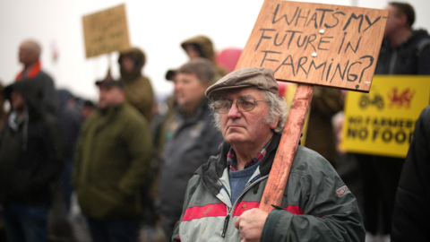 A protester holds a placard reading "What's my future in farming?" outside the Senedd