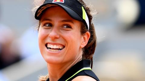 Johanna Konta celebrates victory over Sloane Stephens in the French Open quarter-finals