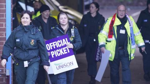 Ambulance workers on the picket line outside Longley Ambulance Station in Sheffield