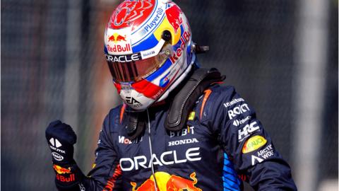 Red Bull's Max Verstappen in celebrates take pole position in qualifying at Imola