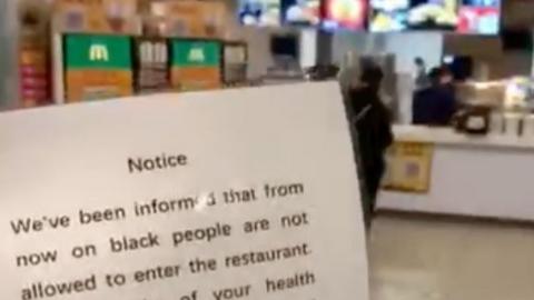 Notice in MdDonalds restaurant saying "We've been informed that from now on black people are not allowed to enter the restaurant".