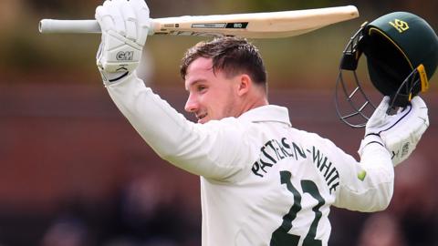 Liam Patterson-White celebrates his century for Nottinghamshire against Somerset