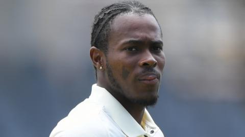 Jofra Archer looks on during a Test match for England