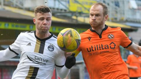 Aberdeen's Florian Kamberi and Dundee United's Mark Reynolds