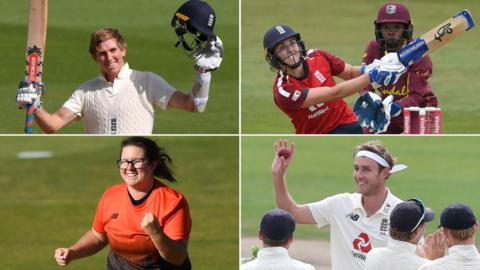 Zak Crawley (top left), Nat Sciver v West Indies (top right), Charlotte Taylor (bottom left) and Stuart Broad (bottom right)