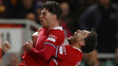 Middlesbrough's Hayden Hackney celebrates scoring their first goal against Chelsea in the Carabao Cup semi-final first leg