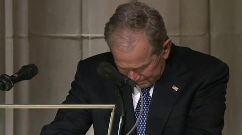 "The best father a son could have." George W Bush's voice cracks with emotion as he ends his eulogy.