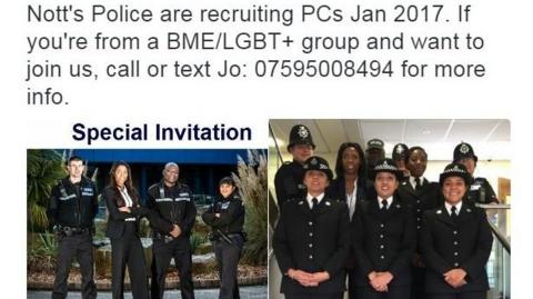 Nott's Police are recruiting PCs Jan 2017. If you're from a BME/LGBT+ group and want to join us, call or text Jo: 07595 008494 for more info