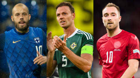 Teemu Pukki, Jonny Evans and Christian Eriksen