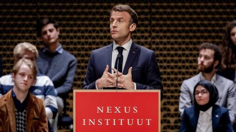 French President Emmanuel Macron delivers a speech in The Hague, Netherlands, 11 April 2023.