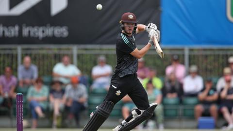 Ben Geddes of Surrey plays a shot during the Royal London Cup match between Surrey v Leicestershire Foxes