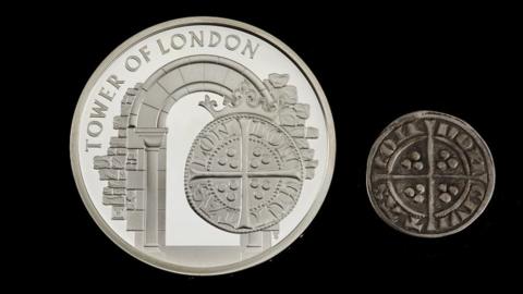 Commemorative Royal Mint coin and a replica Edward I coin which features on the new one