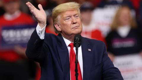 President Donald Trump at a rally in Des Moines, Iowa, 30 January 2020