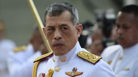 Thailand's King Vajiralongkorn is seen paying respects at the statue of King Rama I after signing the military-backed constitution in Bangkok on 6 April 2017.