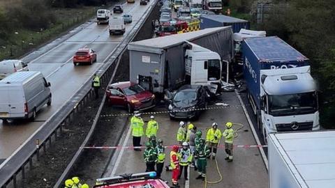 Part of the A12 in Essex is blocked after multiple vehicles crashed, police said