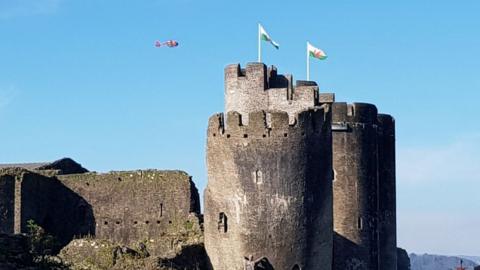 Air ambulance over Caerphilly