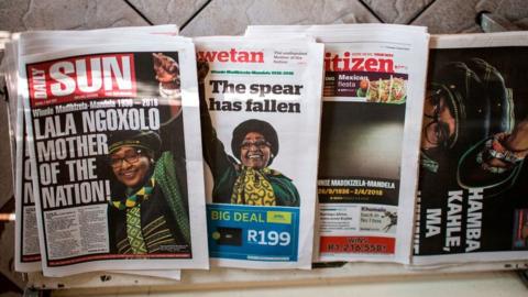 newspapers report the death of South African anti-apartheid campaigner Winnie Madikizela-Mandela, in Johannesburg on 3 April, 2018