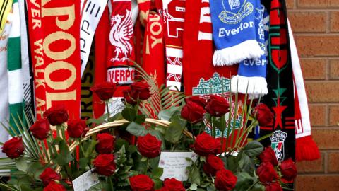 Flowers at the Hillsborough memorial at Anfield, Liverpool